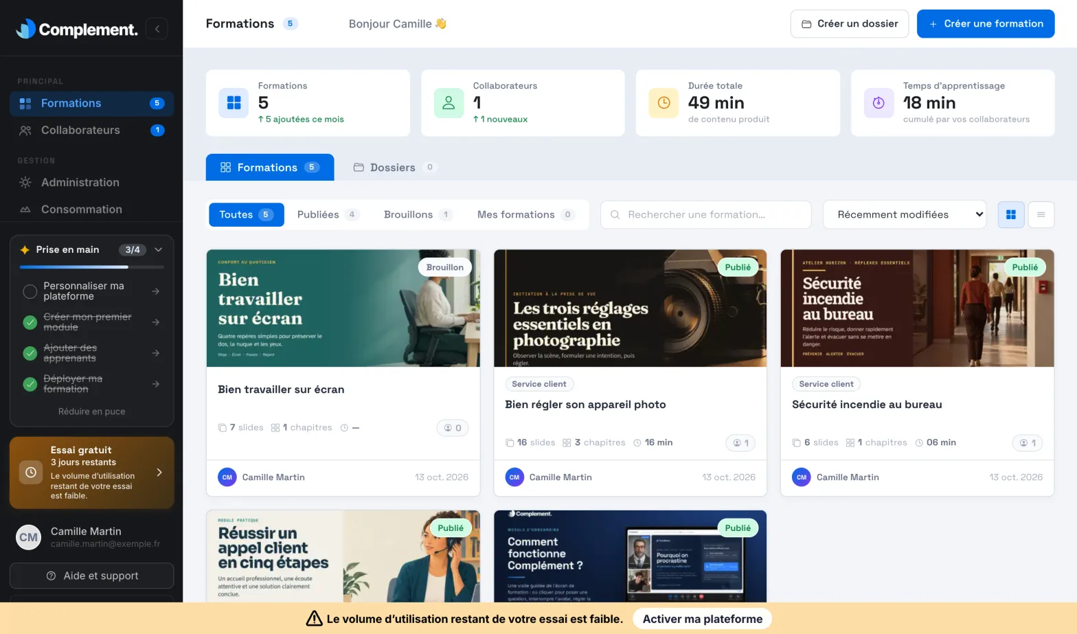 Le bandeau d'alerte en bas de l'écran pendant l'essai, avec le bouton Activer ma plateforme