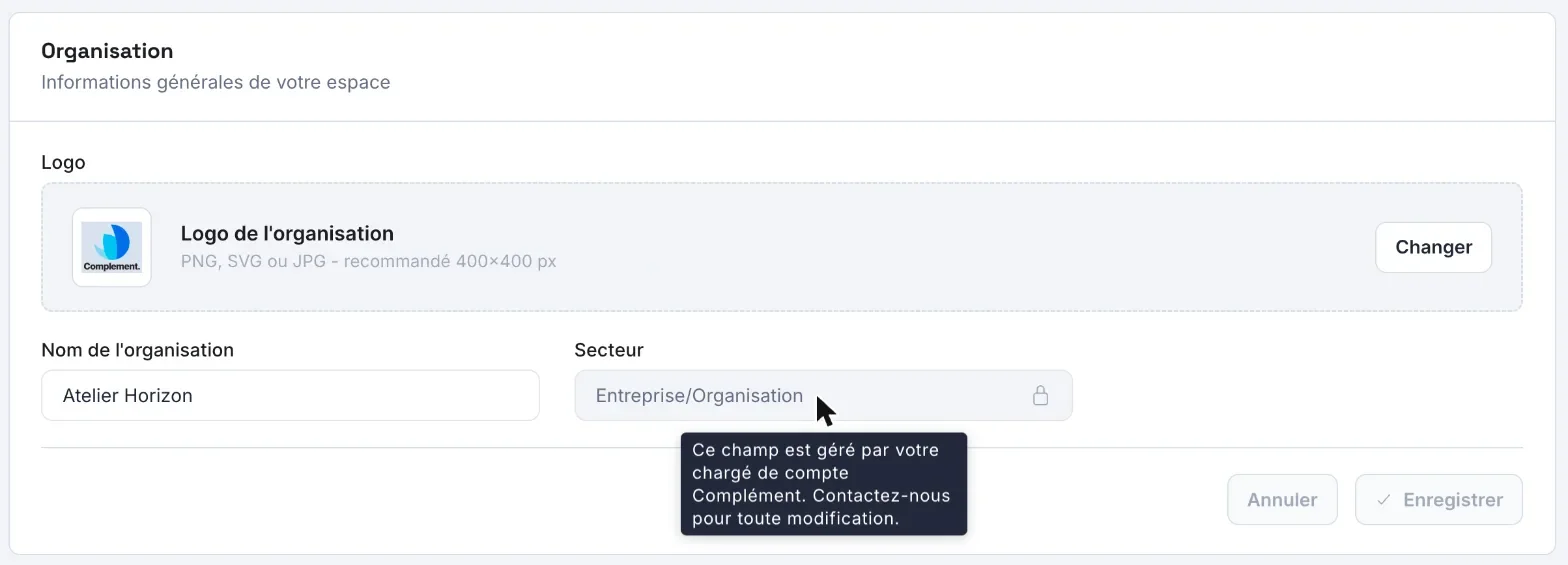 Le champ Secteur, verrouillé, dans la page Administration