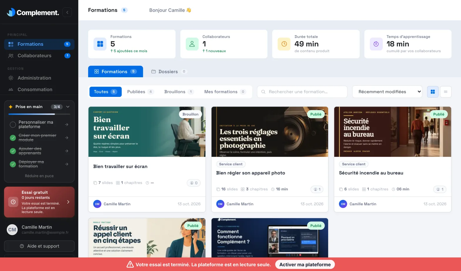 Le bandeau de lecture seule en bas de l'écran, avec le bouton Activer ma plateforme