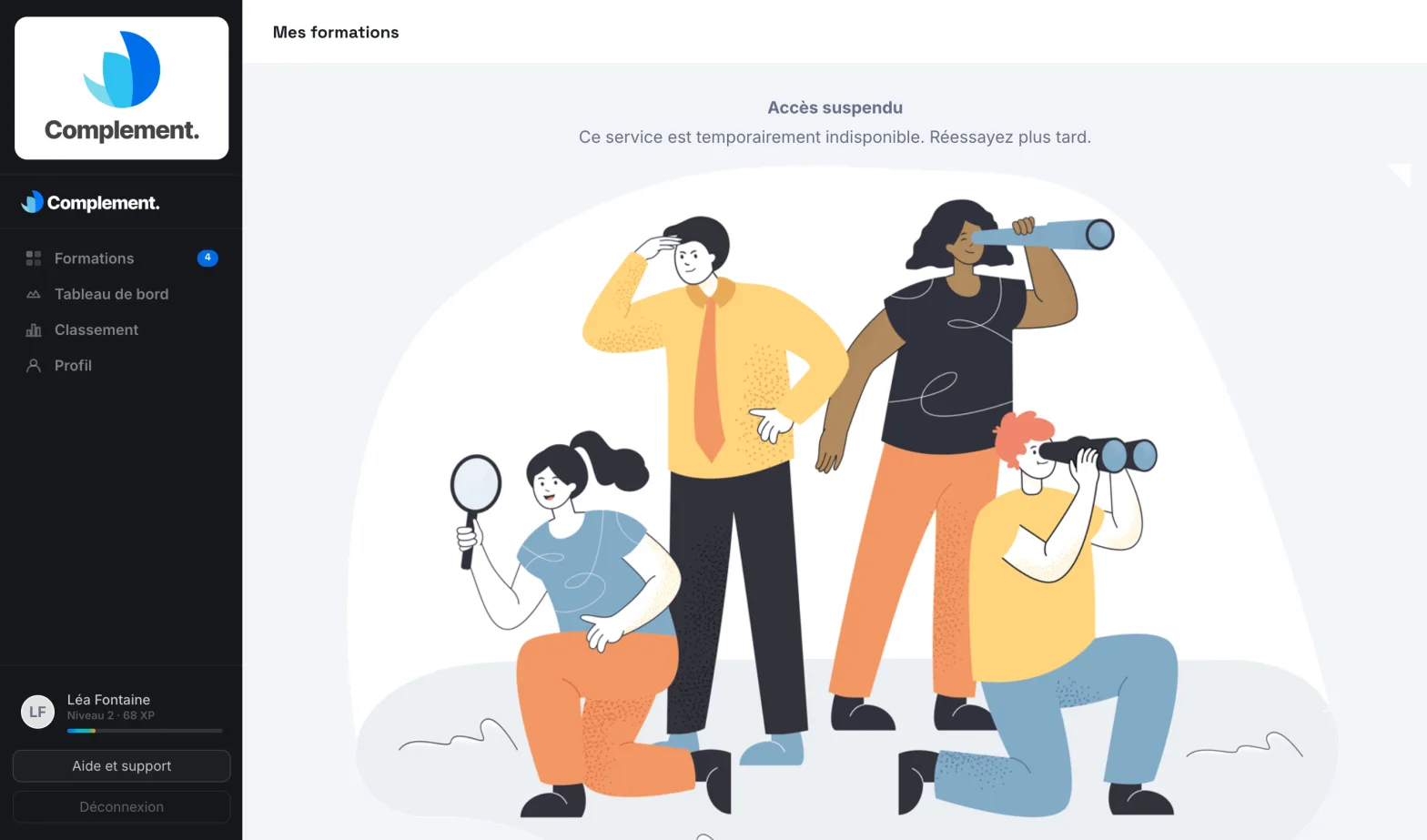 La page Accès suspendu vue par un apprenant