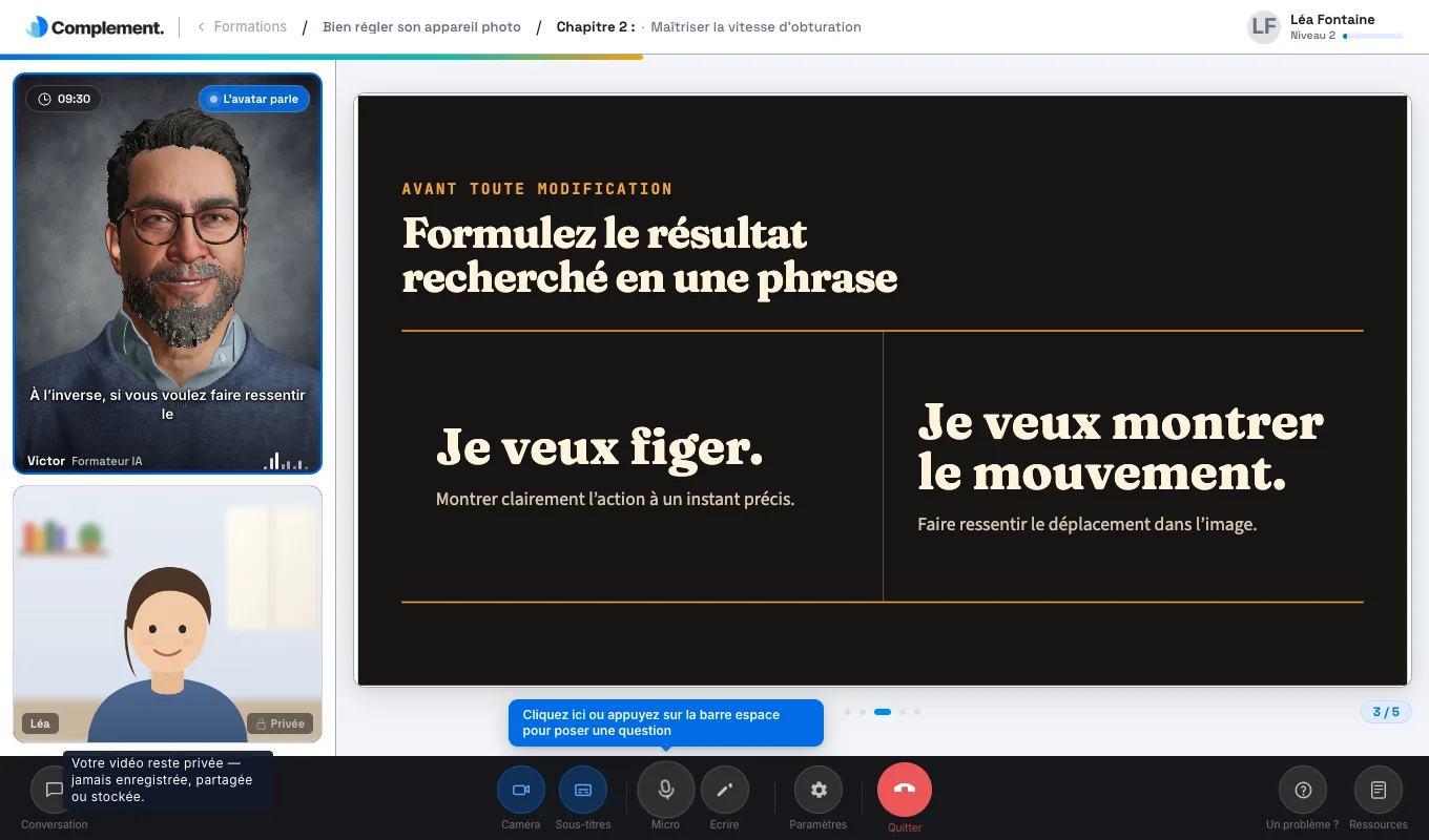 La caméra de l'apprenant dans le lecteur, avec la mention Privée