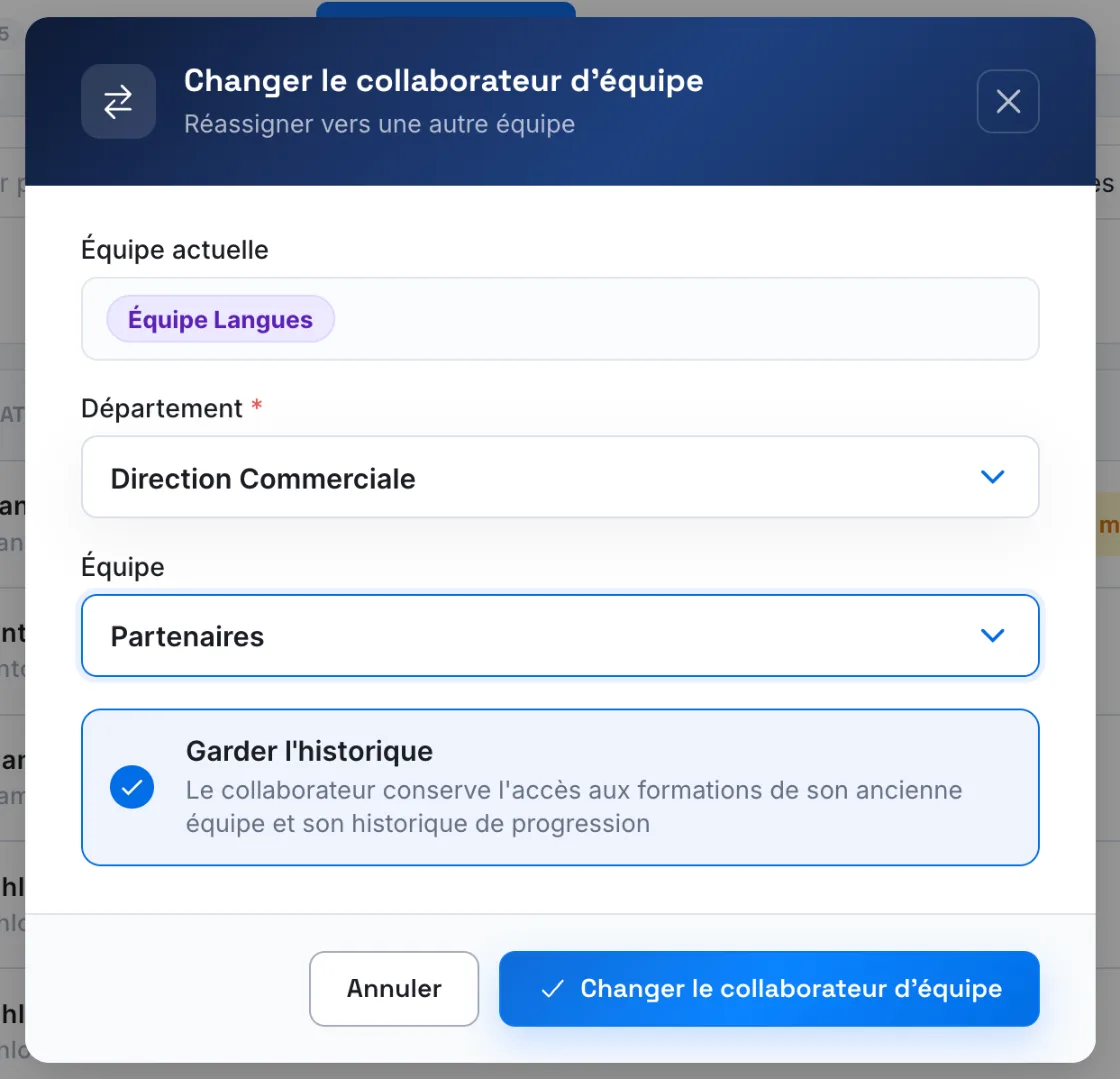 La fenêtre de changement d'équipe, avec l'option Garder l'historique cochée