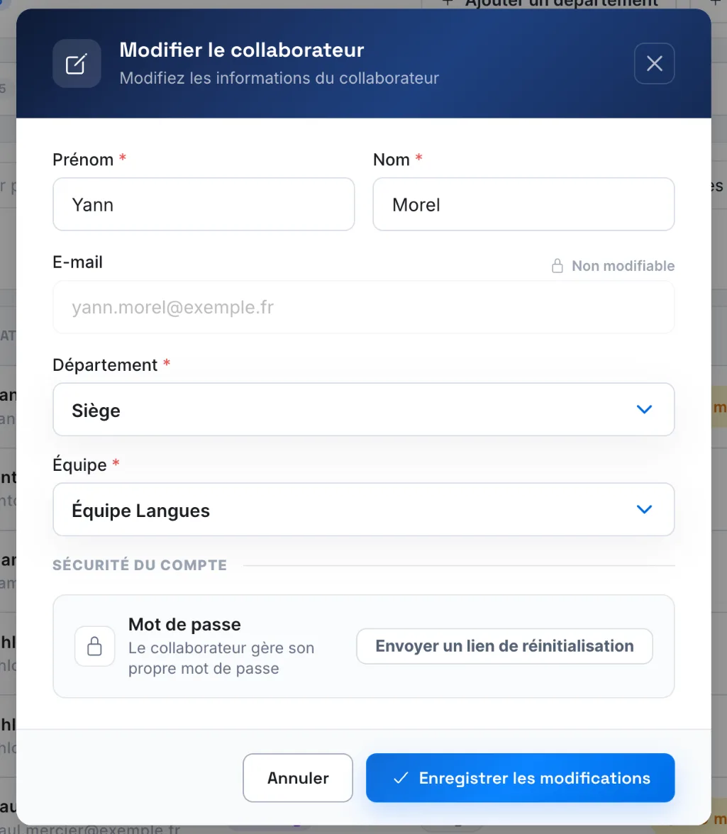 La fenêtre Modifier le collaborateur, avec la section Sécurité du compte