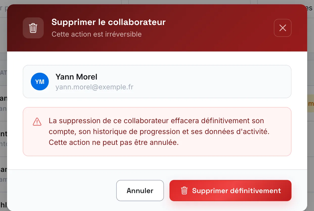 La fenêtre de confirmation de suppression d'un apprenant