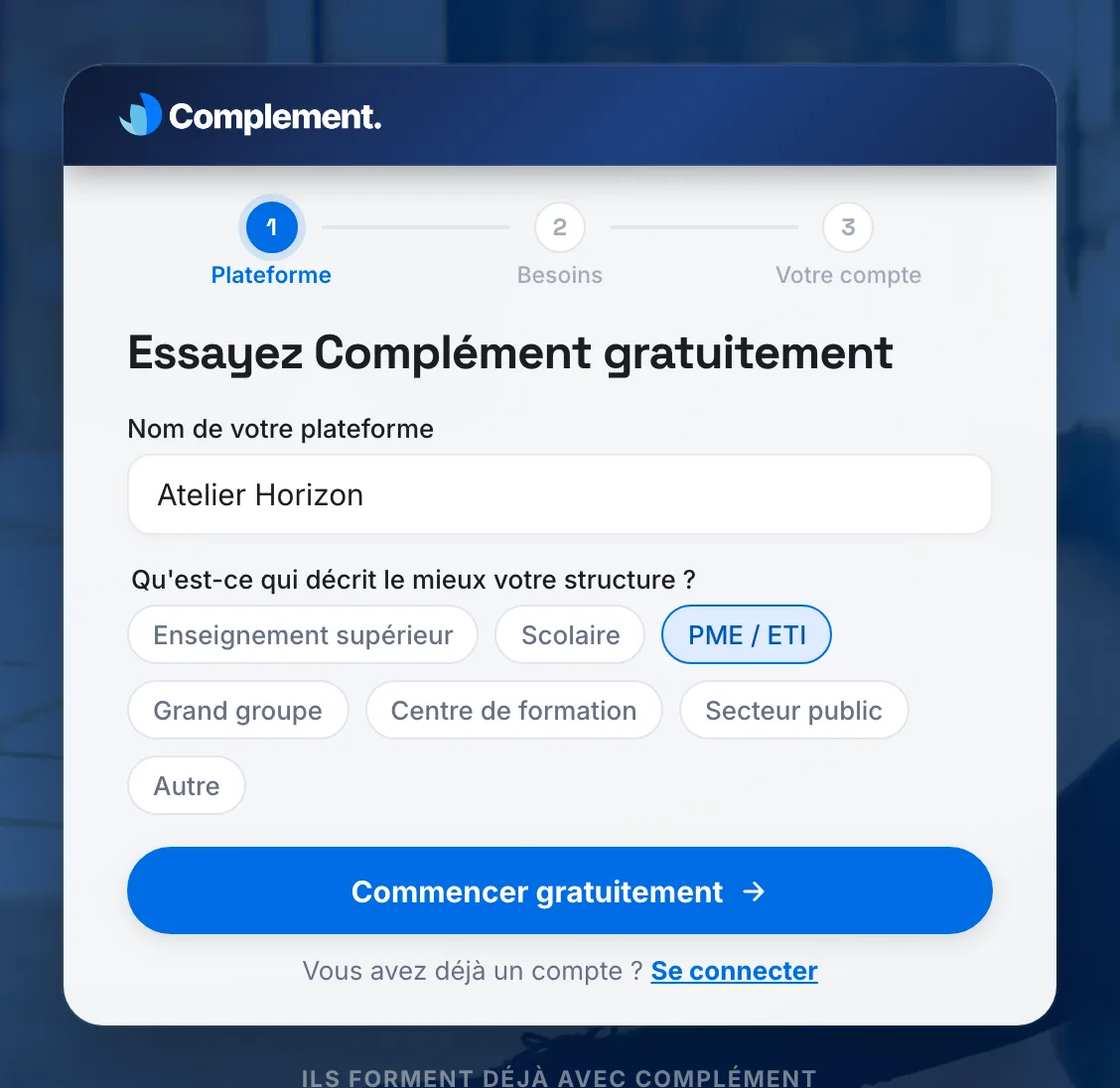 L'étape Plateforme du formulaire d'inscription