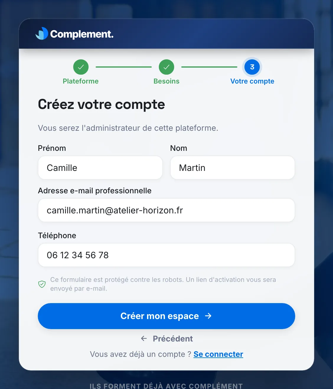 L'étape Votre compte du formulaire d'inscription