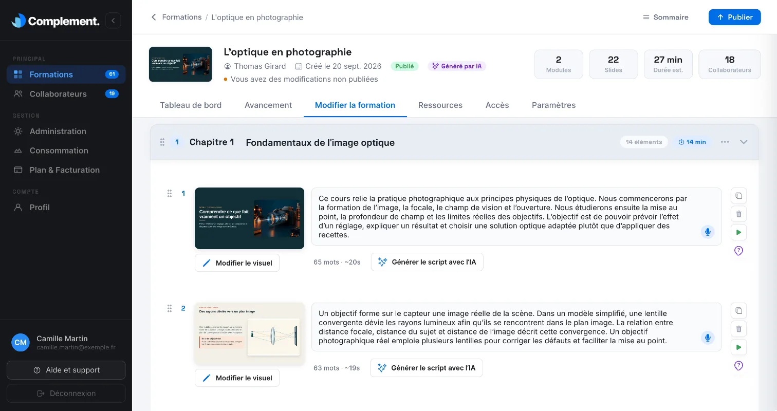 Une formation dans l'éditeur : un chapitre, ses slides puis son quiz de fin de chapitre
