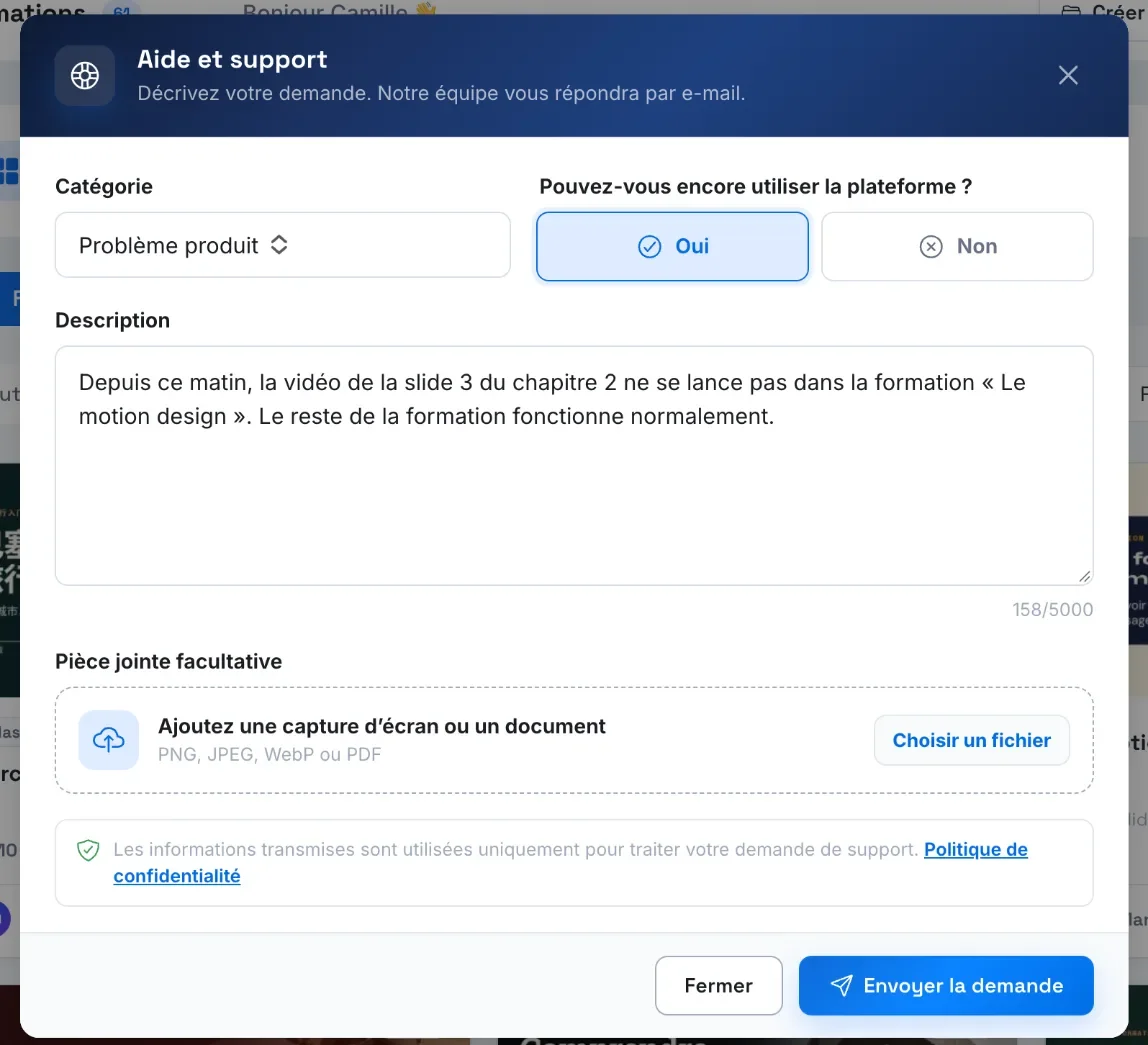 Le formulaire Aide et support rempli, avec une capture d'écran jointe