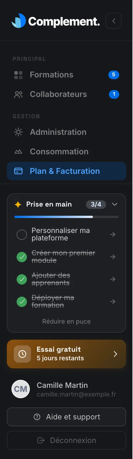 La checklist Prise en main en bas du menu de gauche, avec trois étapes sur quatre cochées