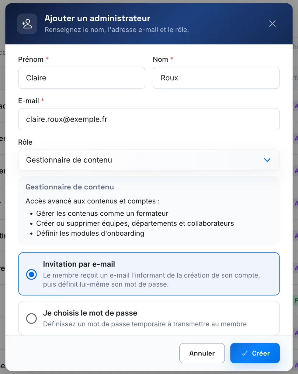 La fenêtre d'ajout d'un membre, avec la description du rôle choisi