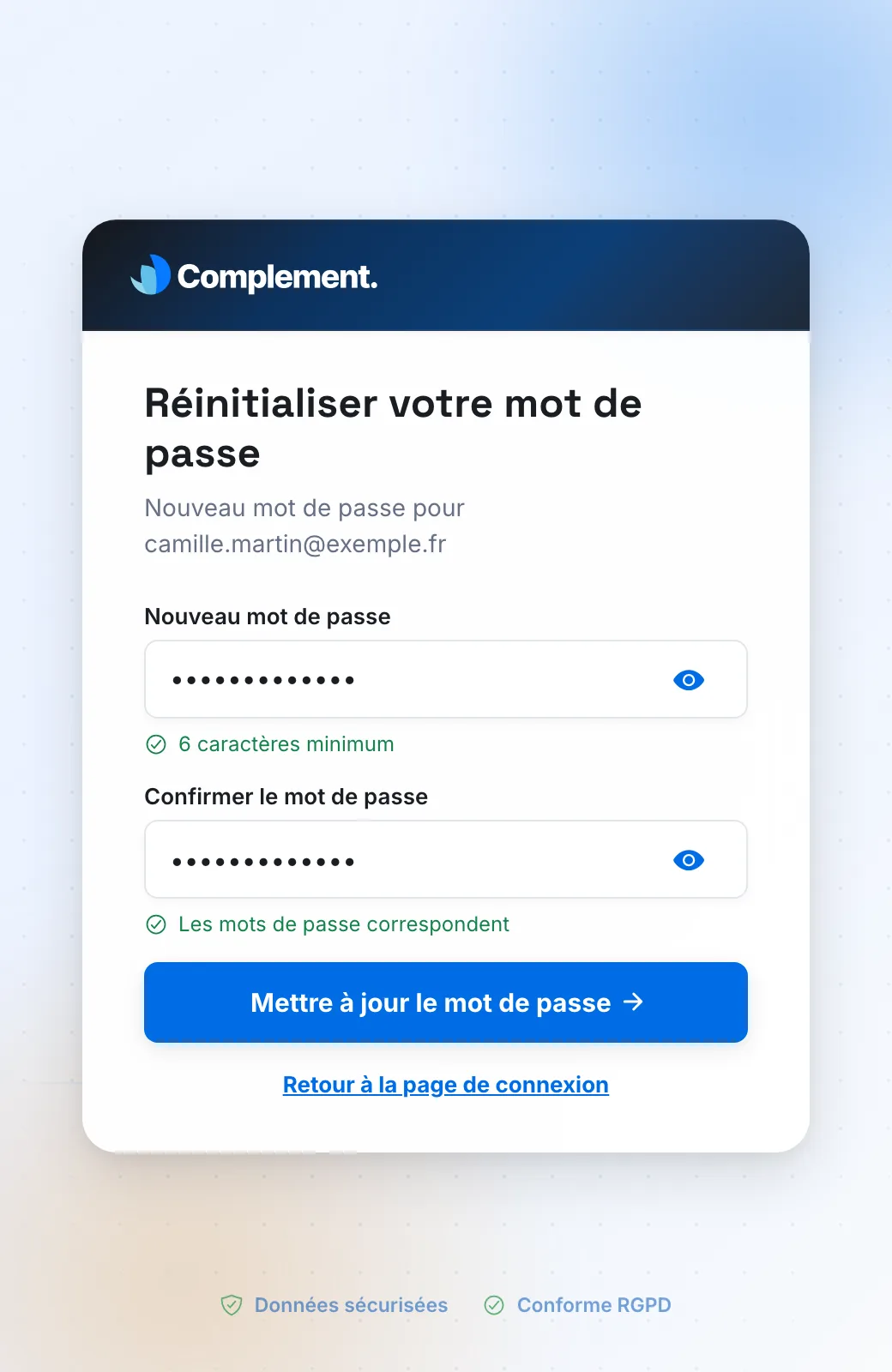 La page Réinitialiser votre mot de passe, ouverte depuis le lien reçu par e-mail