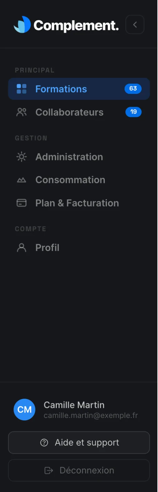 Le menu de l'espace de gestion, avec ses sections Principal, Gestion et Compte