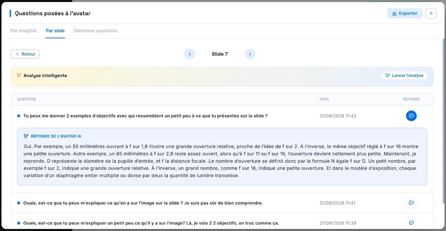 Les questions posées sur une slide, avec la réponse de l'avatar dépliée