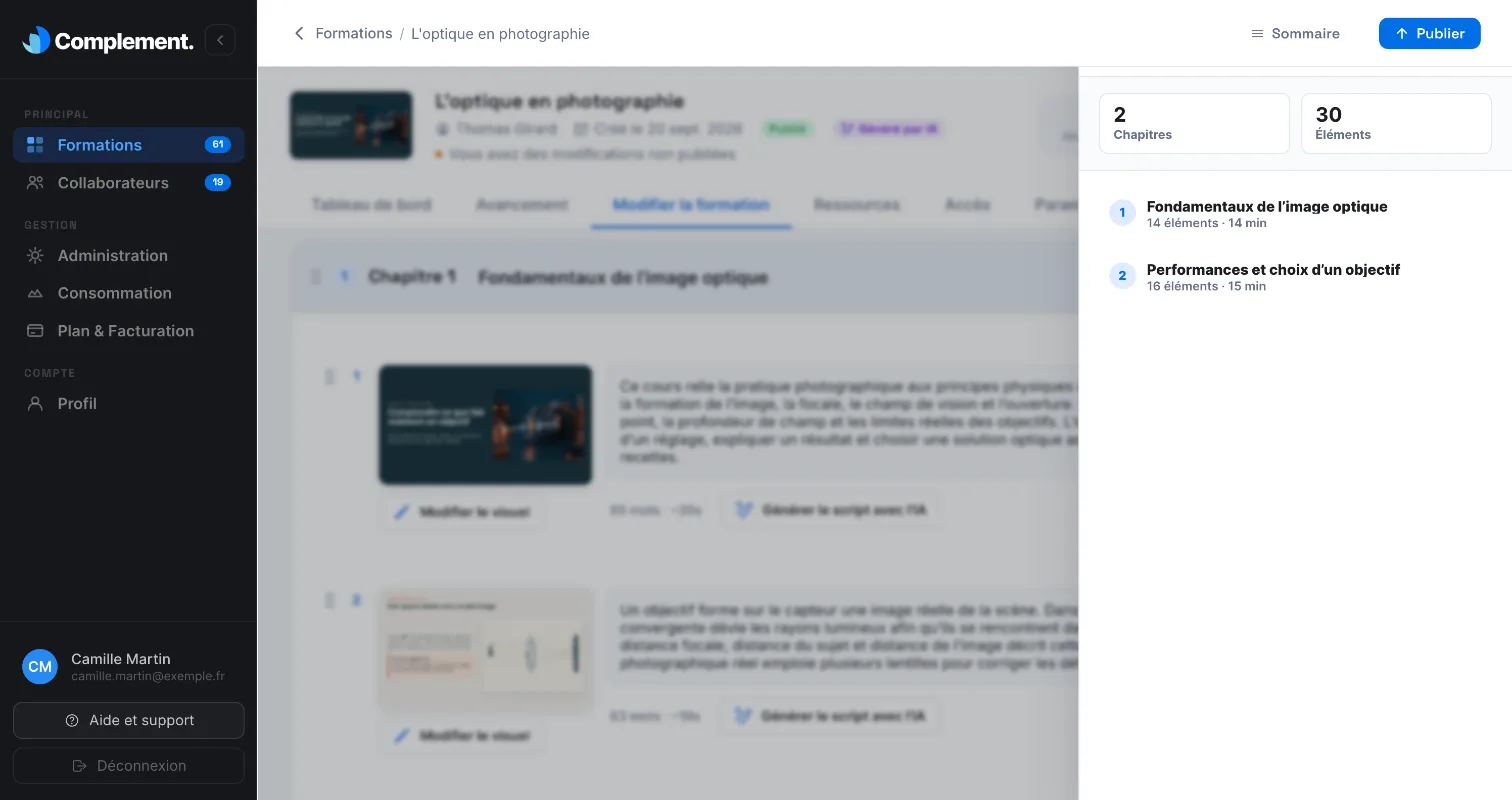 Le panneau Sommaire de la formation, avec le nombre d'éléments et la durée de chaque chapitre