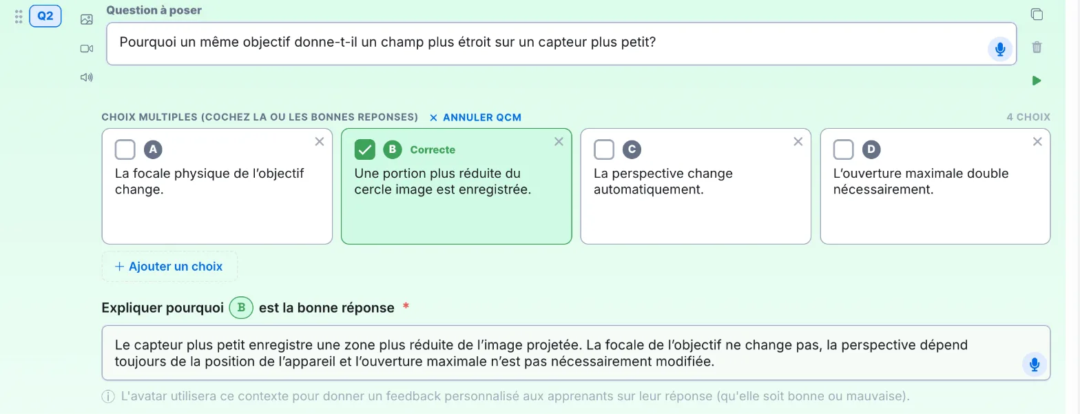 Une question en QCM avec un choix coché Correcte et son explication