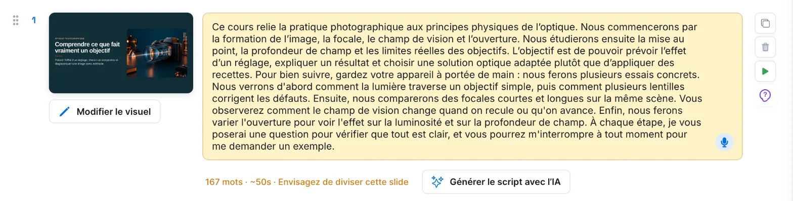 Le compteur de mots d'un script, avec l'alerte Envisagez de diviser cette slide