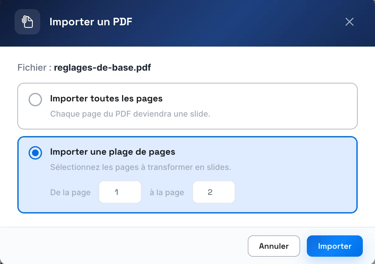 La fenêtre Importer un PDF avec l'option Importer une plage de pages