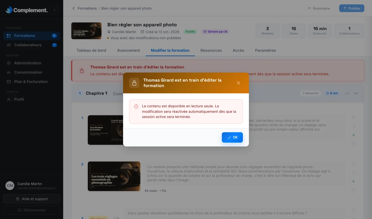 The window showing that another person is already editing the course