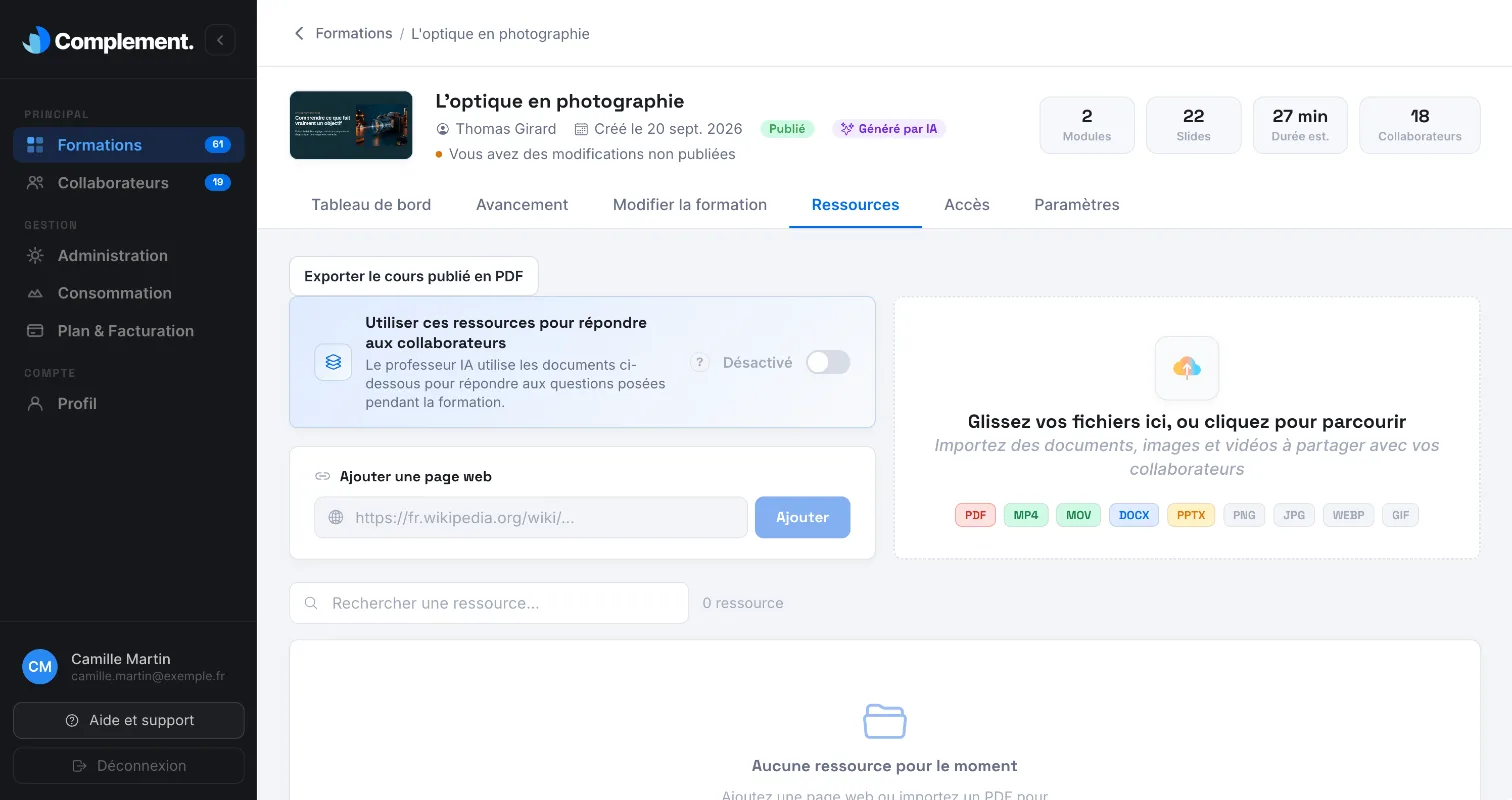 Le bouton Exporter le cours publié en PDF en haut de l'onglet Ressources