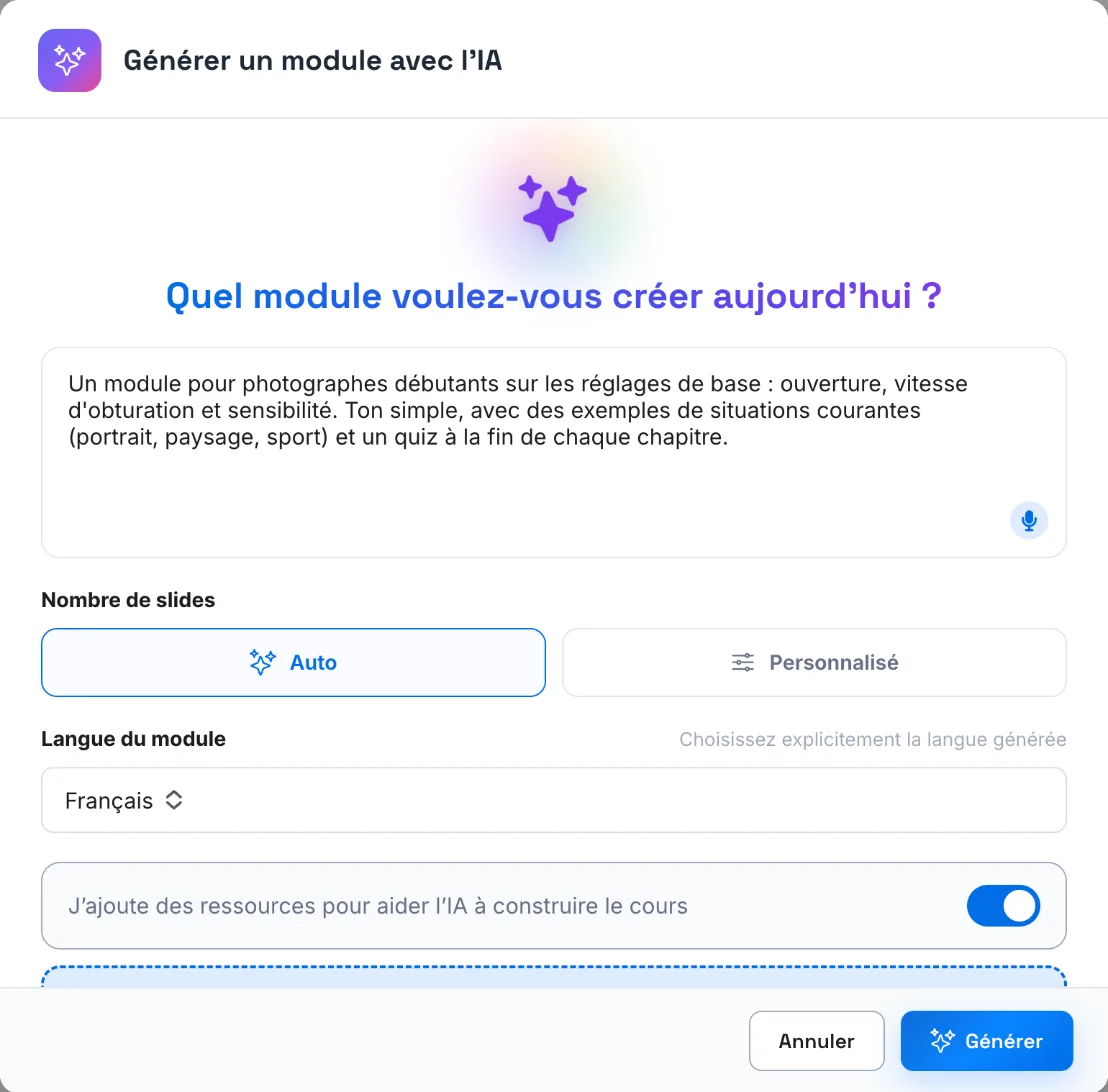 La fenêtre Générer un module avec l'IA, remplie, avec un document coché
