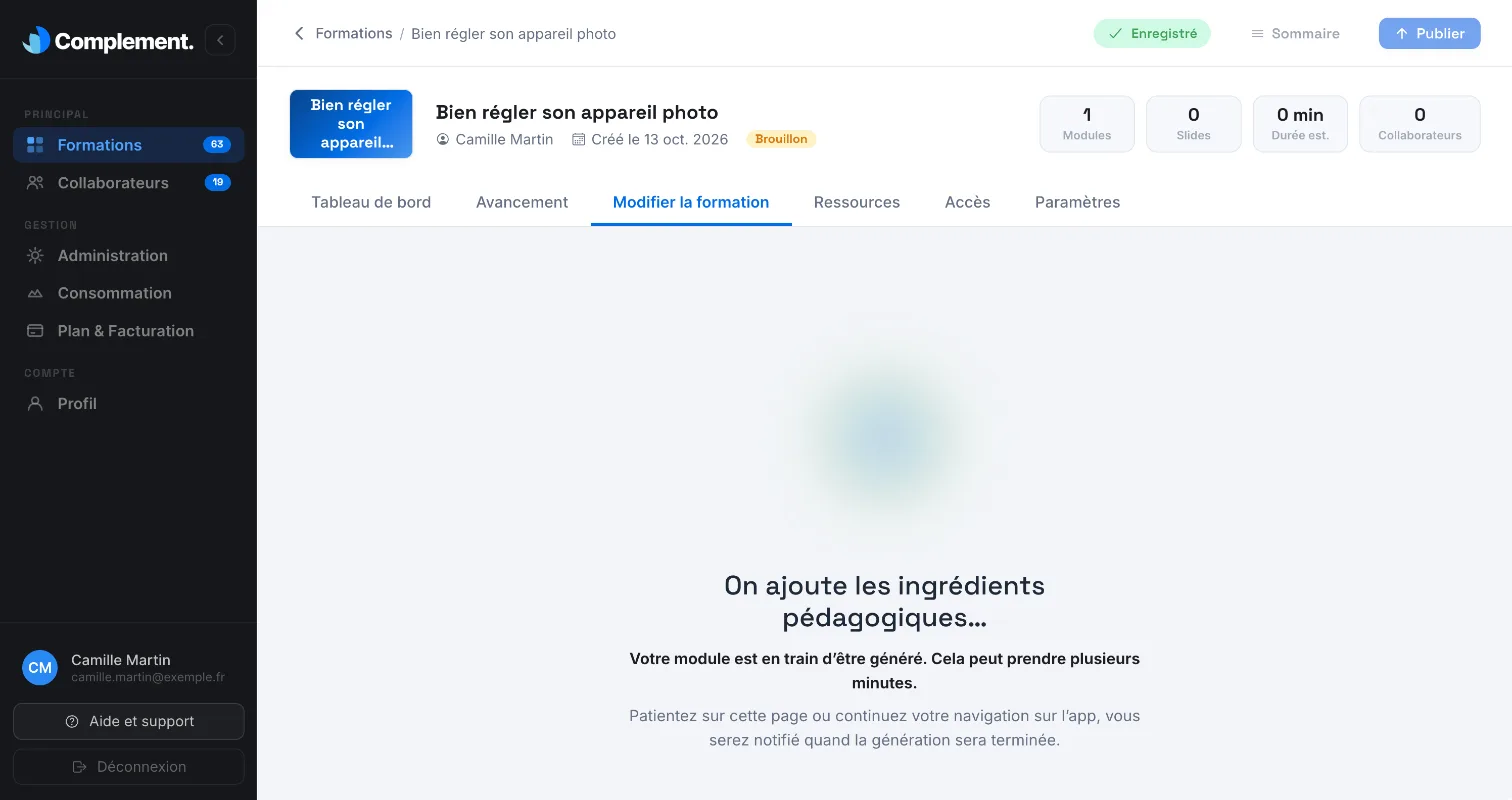 La génération en cours dans l'éditeur