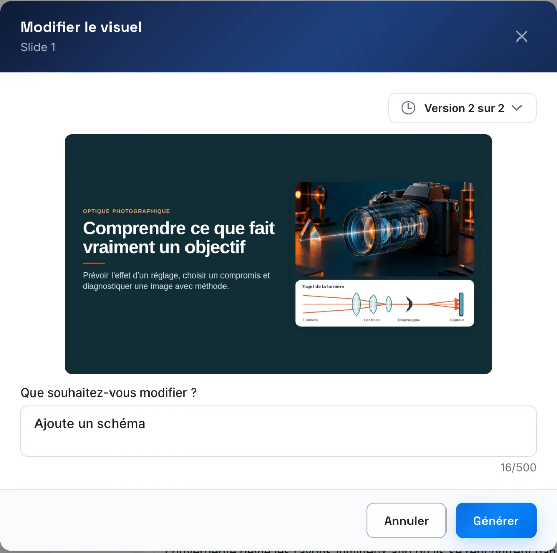 La fenêtre Modifier le visuel, avec l'historique des versions et une consigne