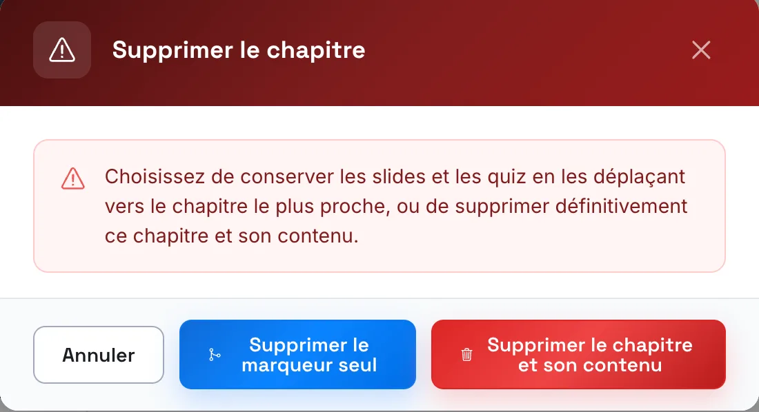 La fenêtre Supprimer le chapitre et ses deux choix