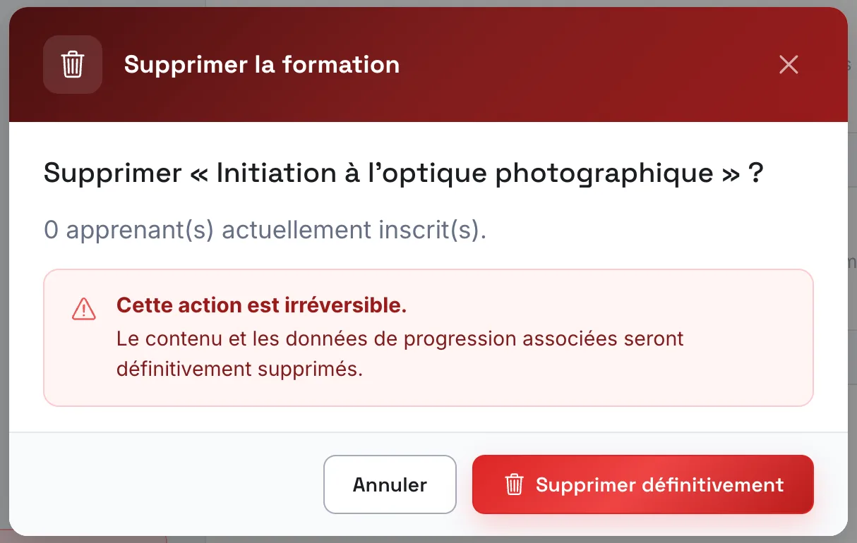 La fenêtre de suppression, avec le nombre d'apprenants inscrits