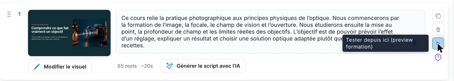 Le bouton Tester depuis ici à droite d'une slide