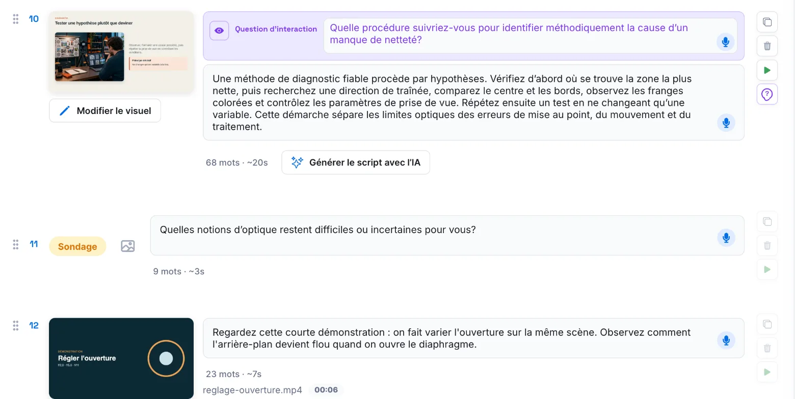 Un chapitre déplié avec une slide, une question d'interaction, un sondage, une vidéo et le quiz de fin de chapitre
