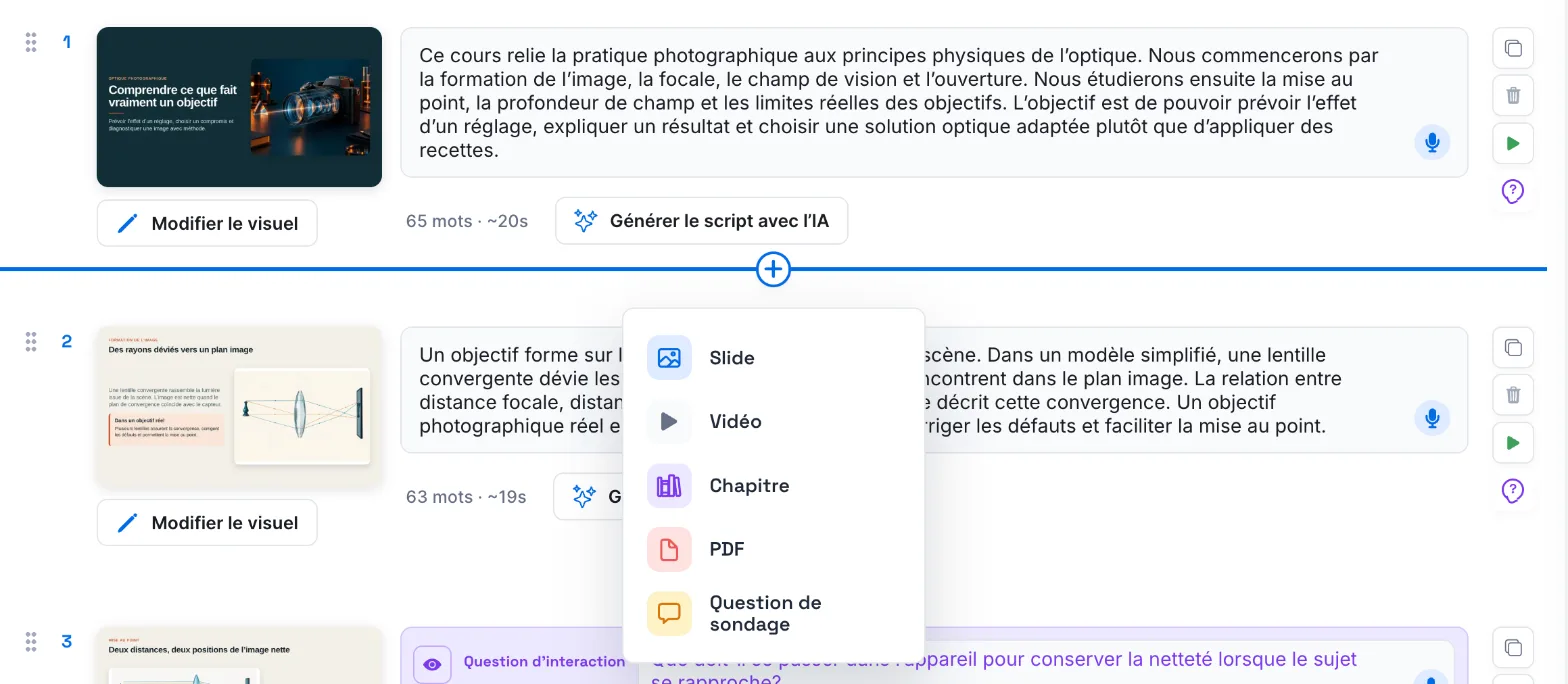 Le menu Ajouter un contenu ouvert sous une slide