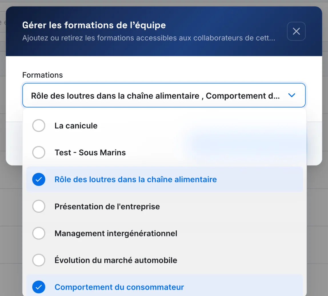 La fenêtre de gestion des formations d'une équipe, avec la liste des formations publiées