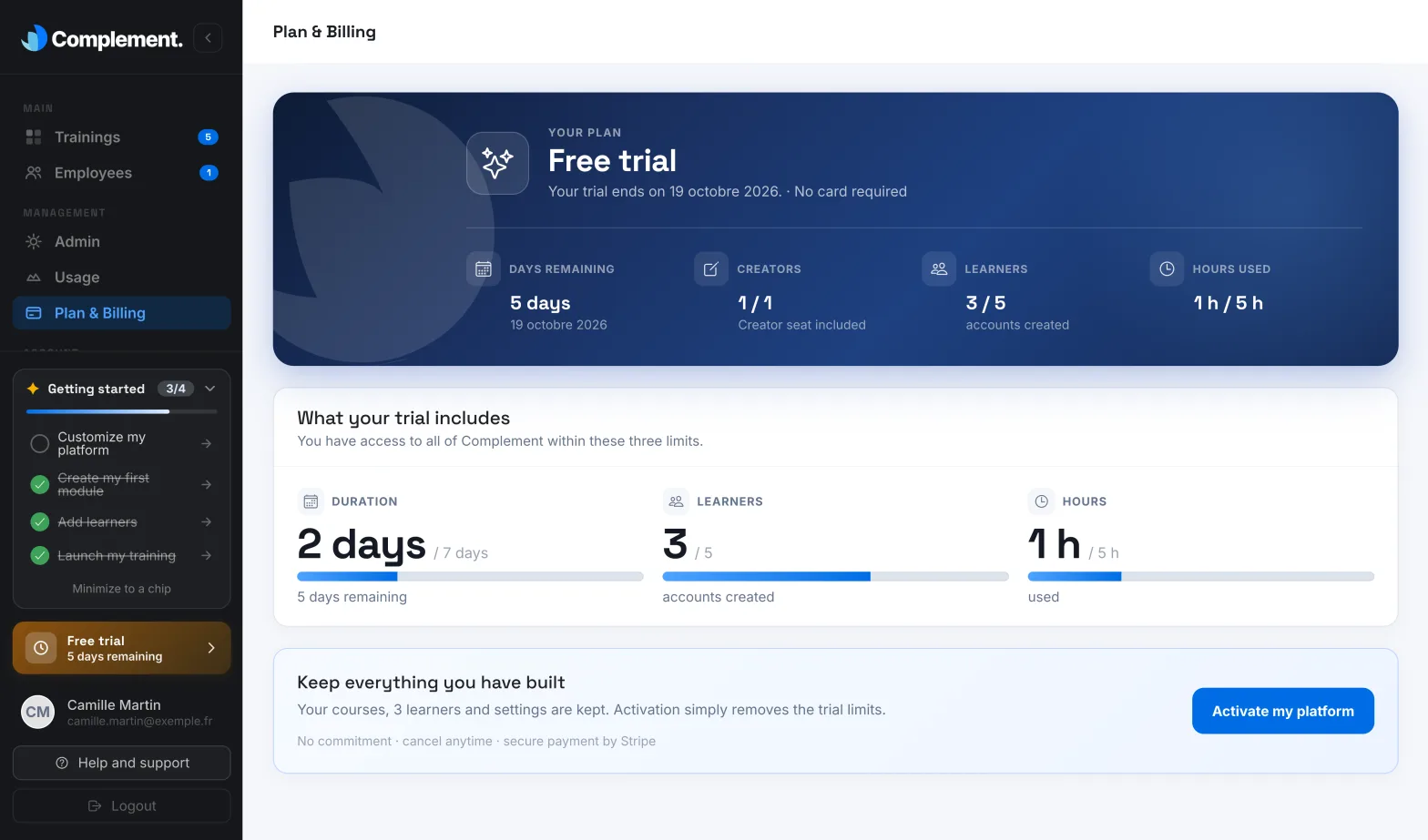 The Plan & Billing page during the trial, with the Activate my platform button