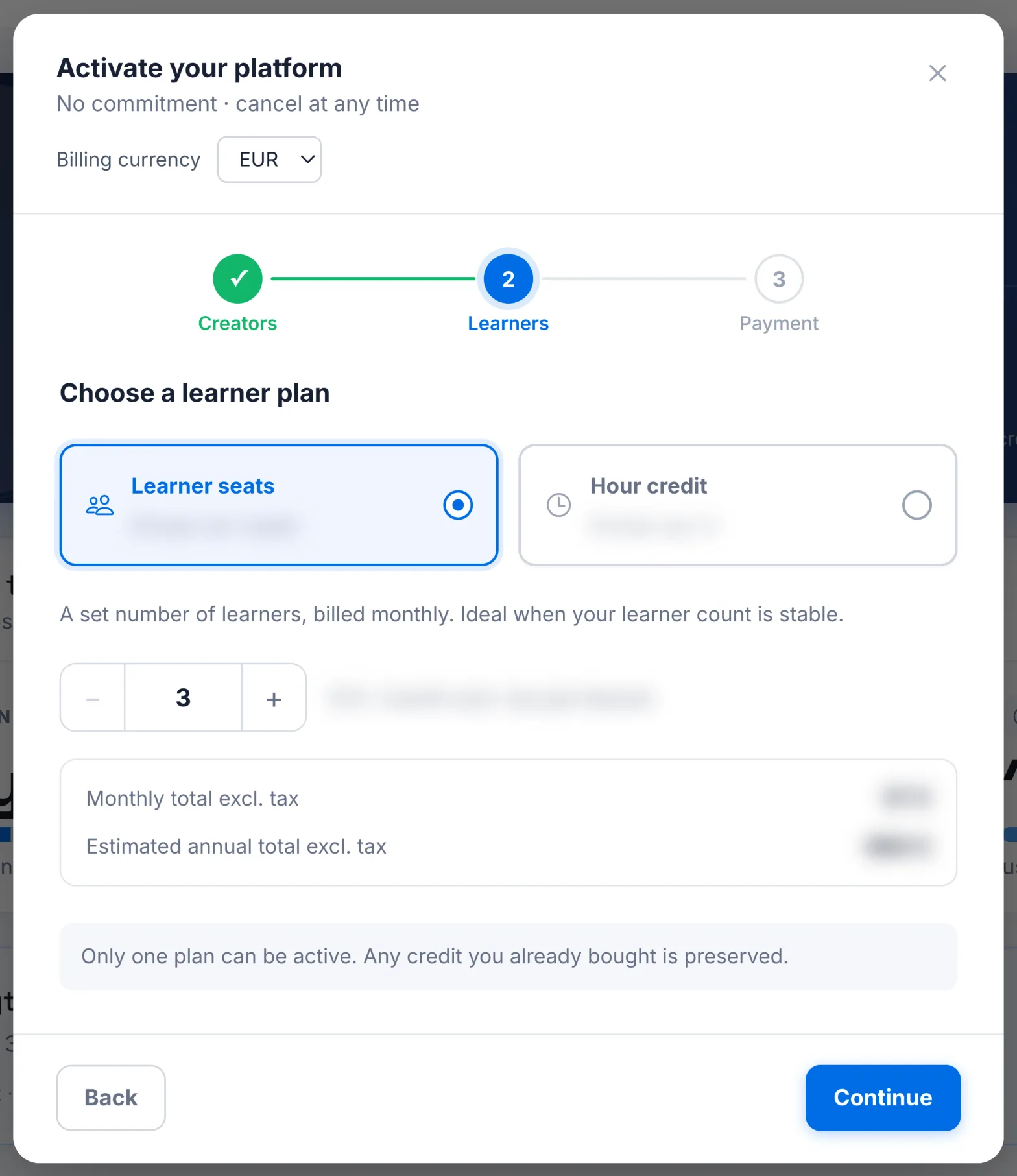The Learners step of the Activate your platform window