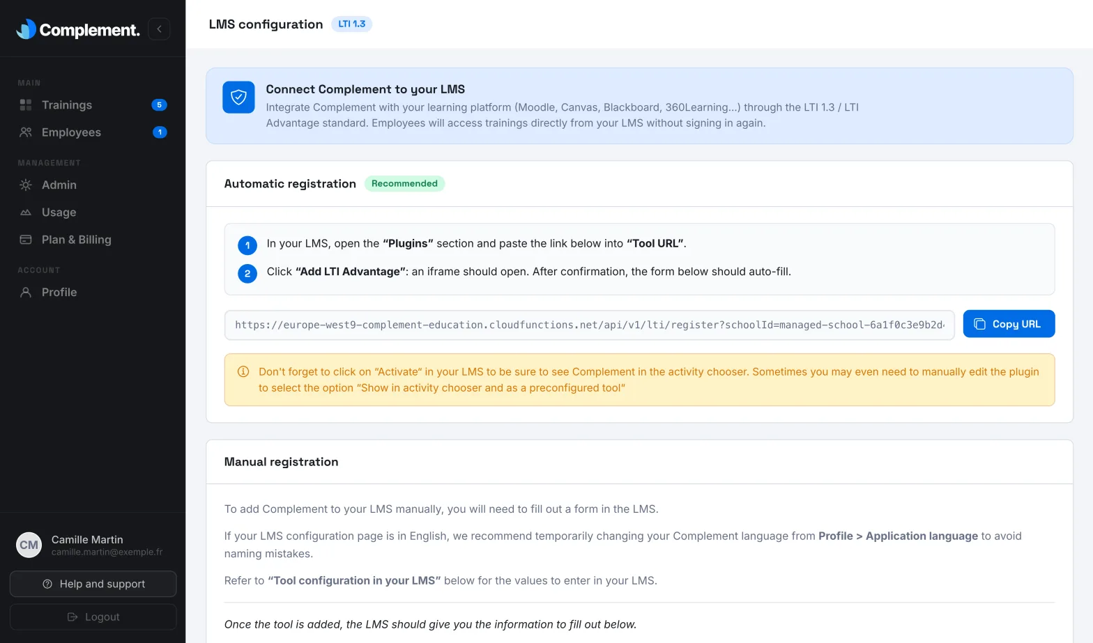 The top of the LMS configuration page, with the Automatic registration card