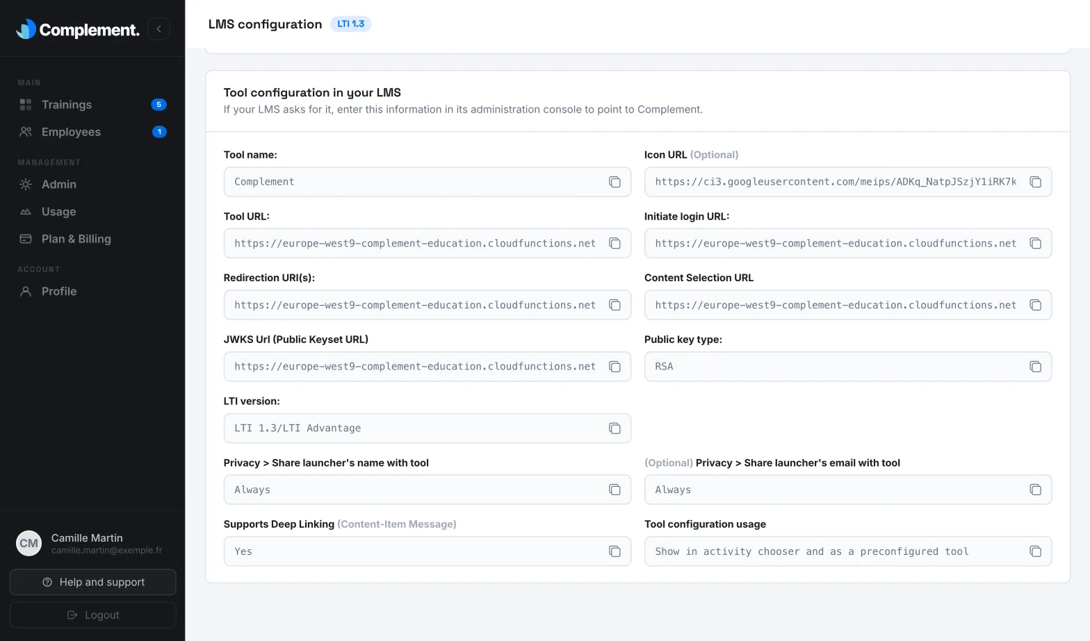 The Tool configuration in your LMS card, with its copy buttons