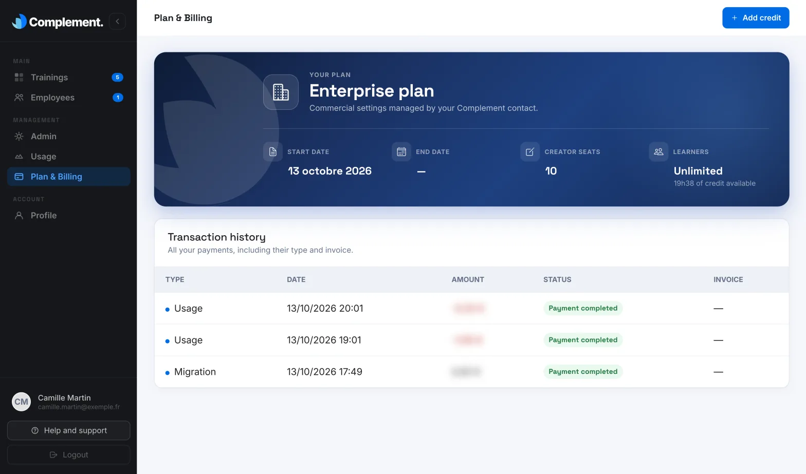 The Enterprise plan block and the box about billing managed by Complement
