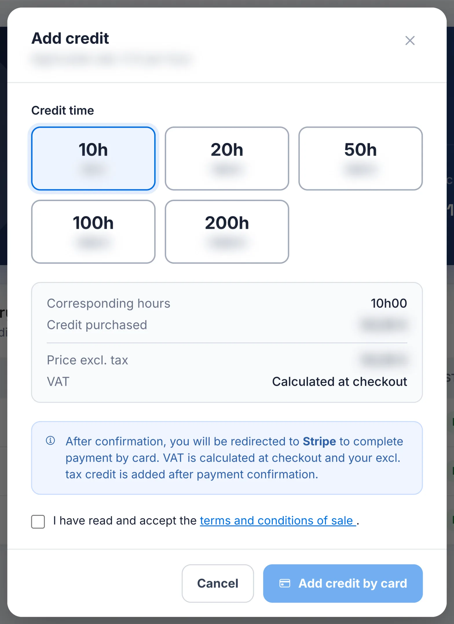 The Add credit window for an hour credit contract