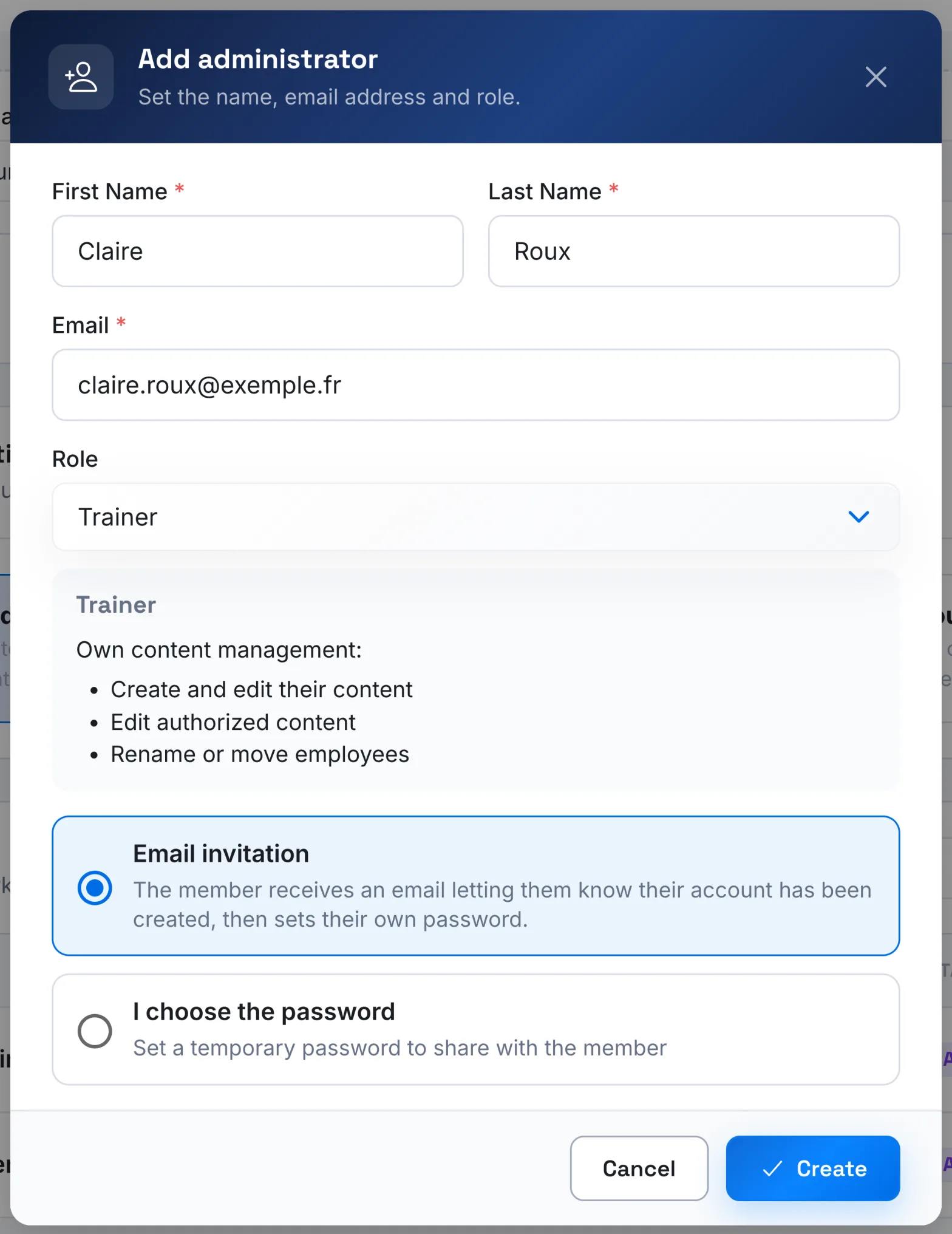 The Add administrator window, with the Trainer role chosen