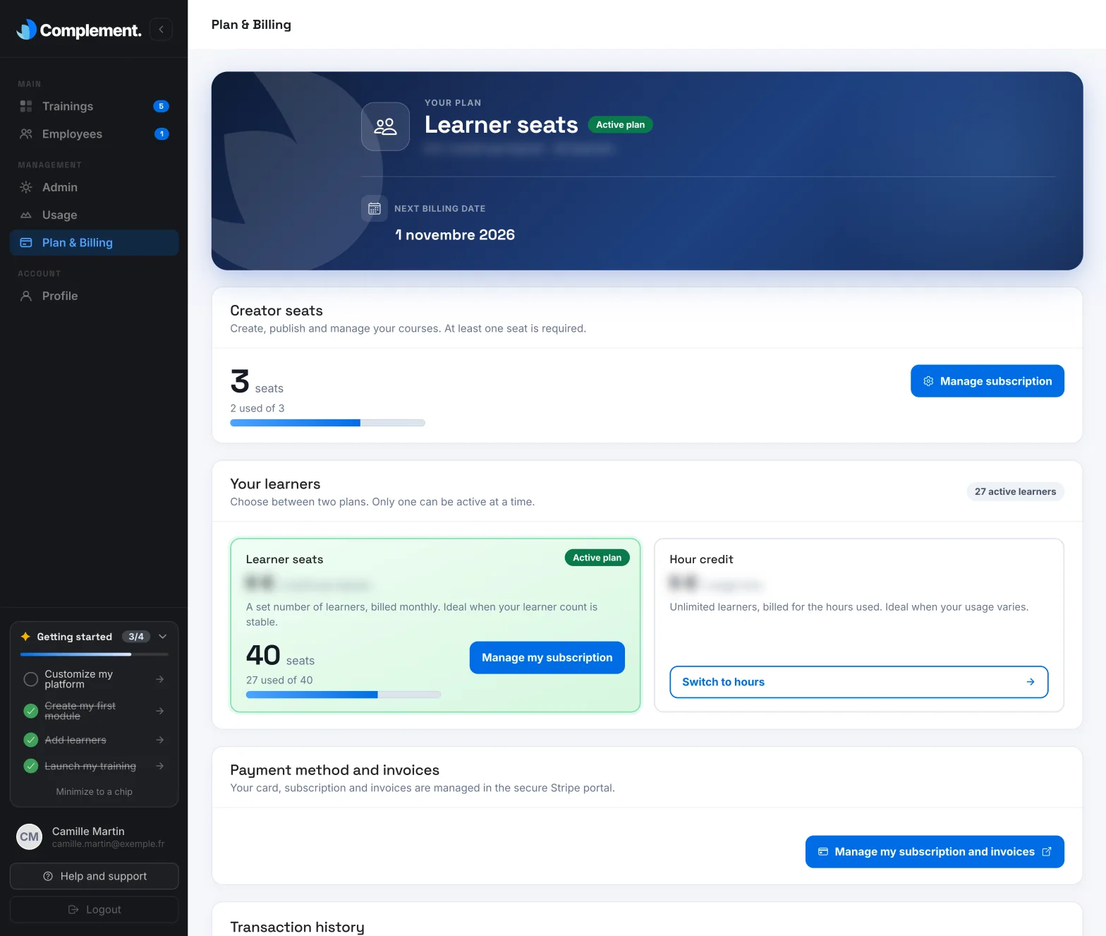 The Creator seats, Your learners and Payment method and invoices panels