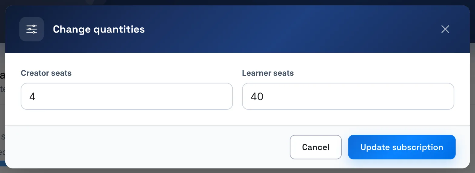 The Change quantities window, with one creator seat added