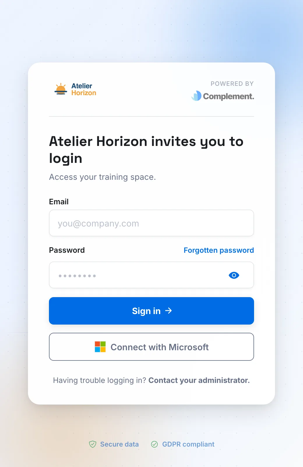 The white-label sign-in page, with the organisation's logo and the words Powered by Complement