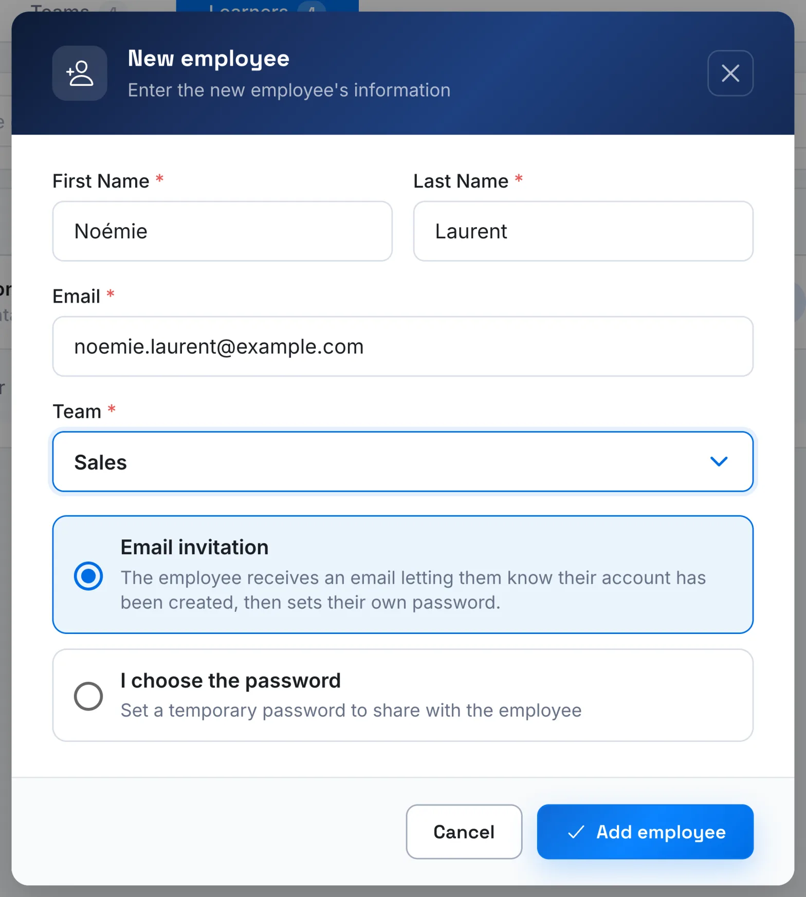 The window for adding a learner, with the Email invitation option selected