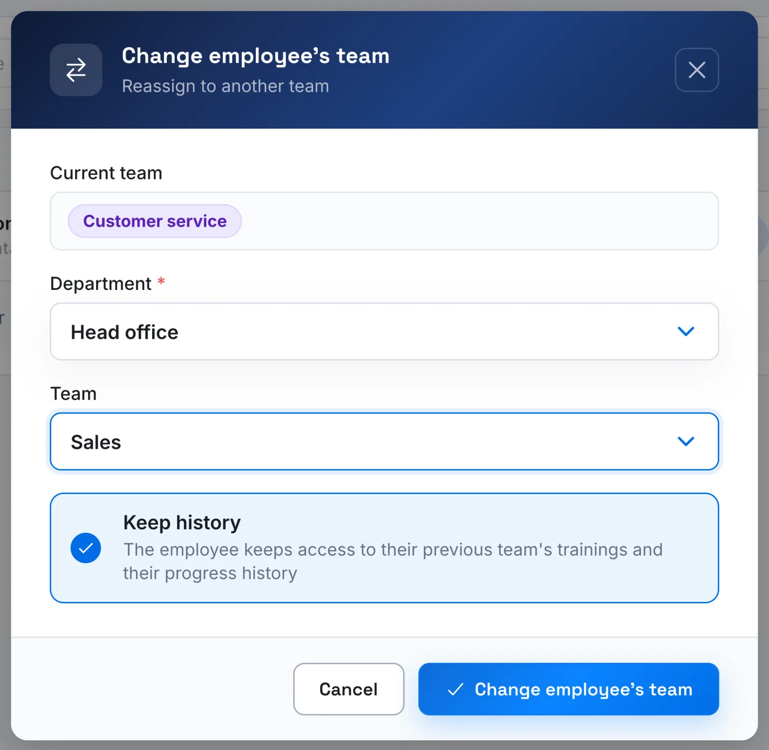 The team change window, with the Keep history option ticked