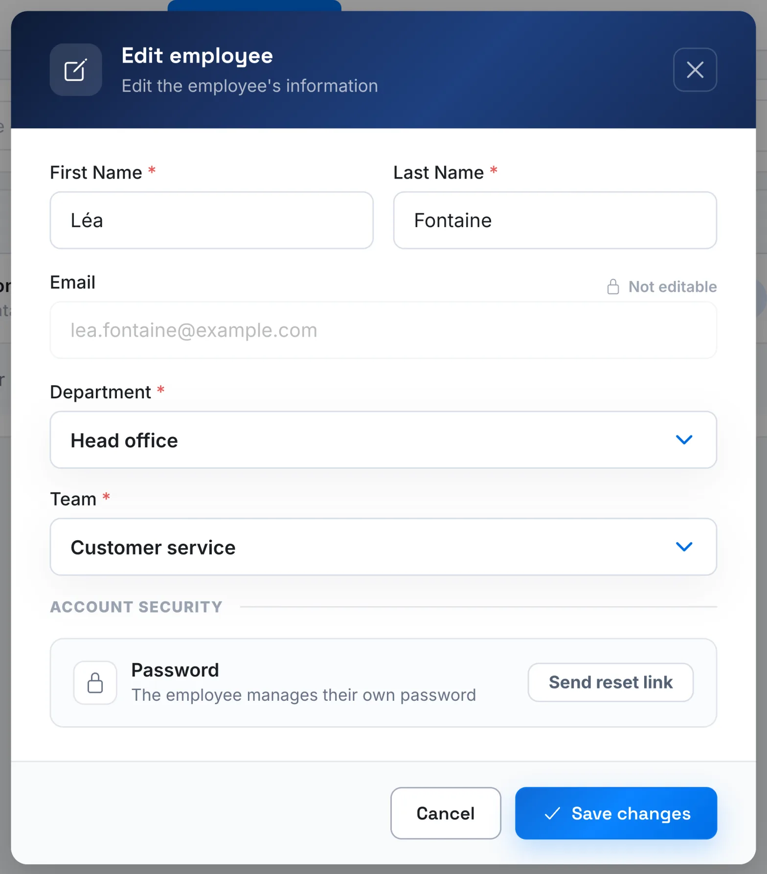 The Edit employee window, with the Account security section