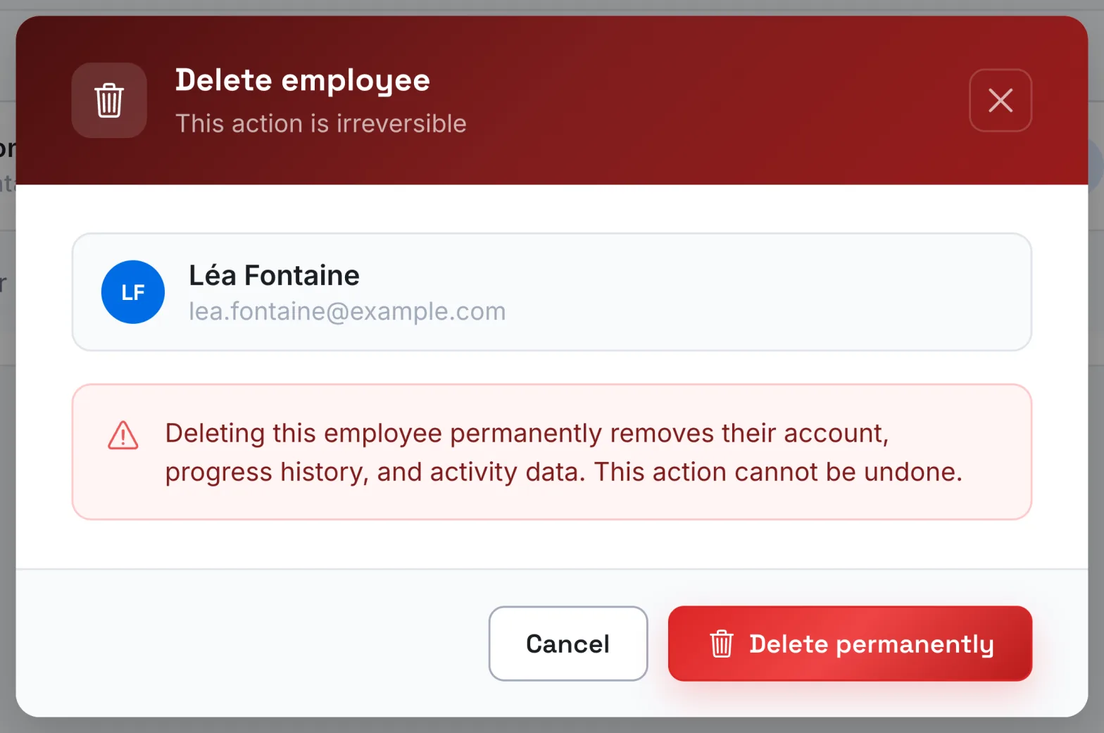 The confirmation window for deleting a learner