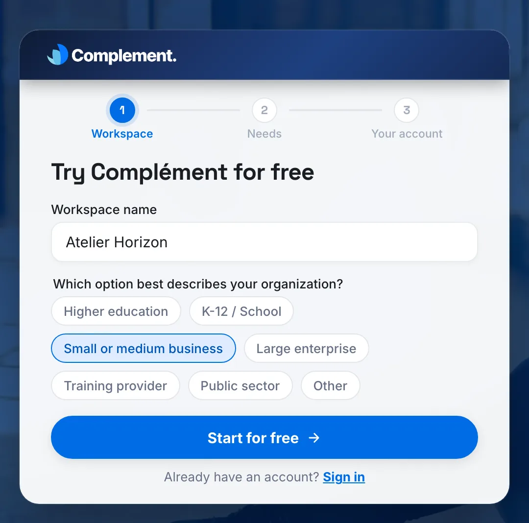 The Workspace step of the signup form