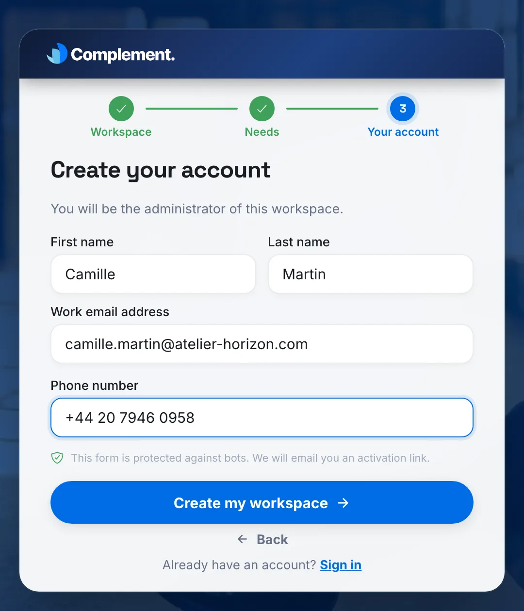 The Your account step of the signup form