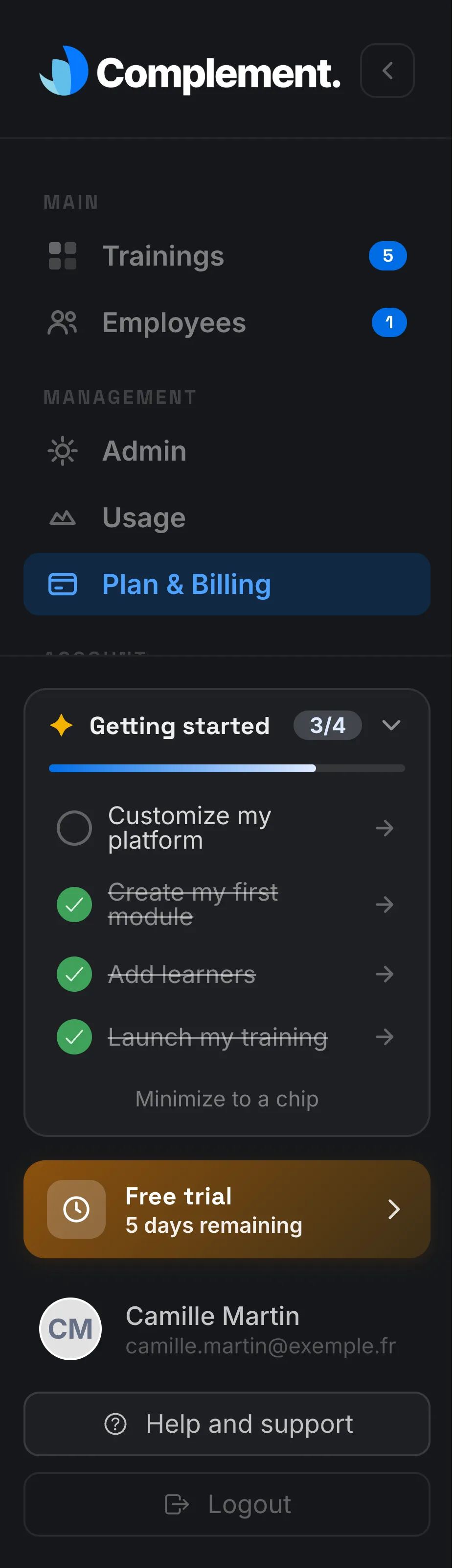 The Getting started checklist at the bottom of the left-hand menu, with three of the four steps ticked