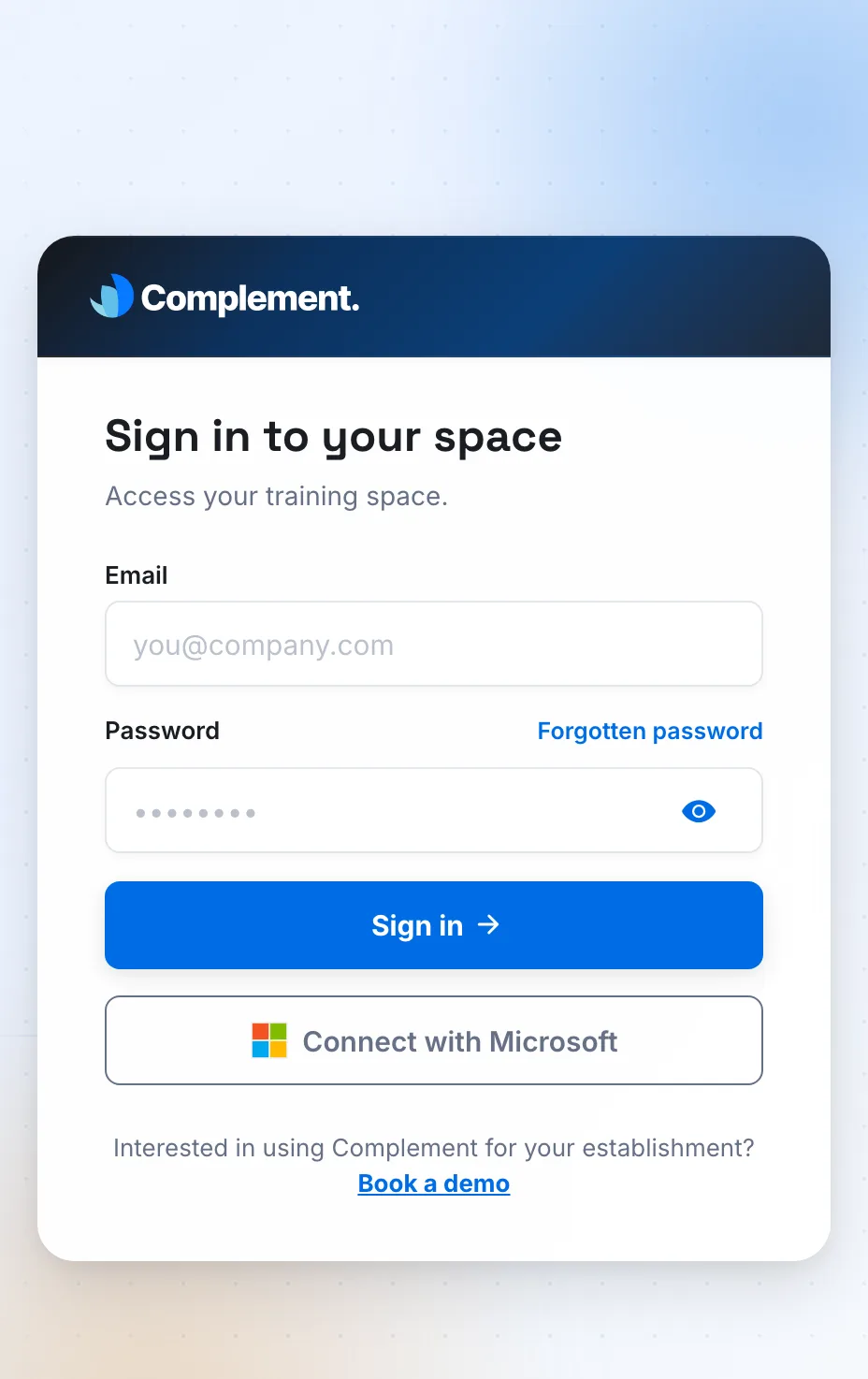 The sign-in page, with the Email and Password fields and the Connect with Microsoft button